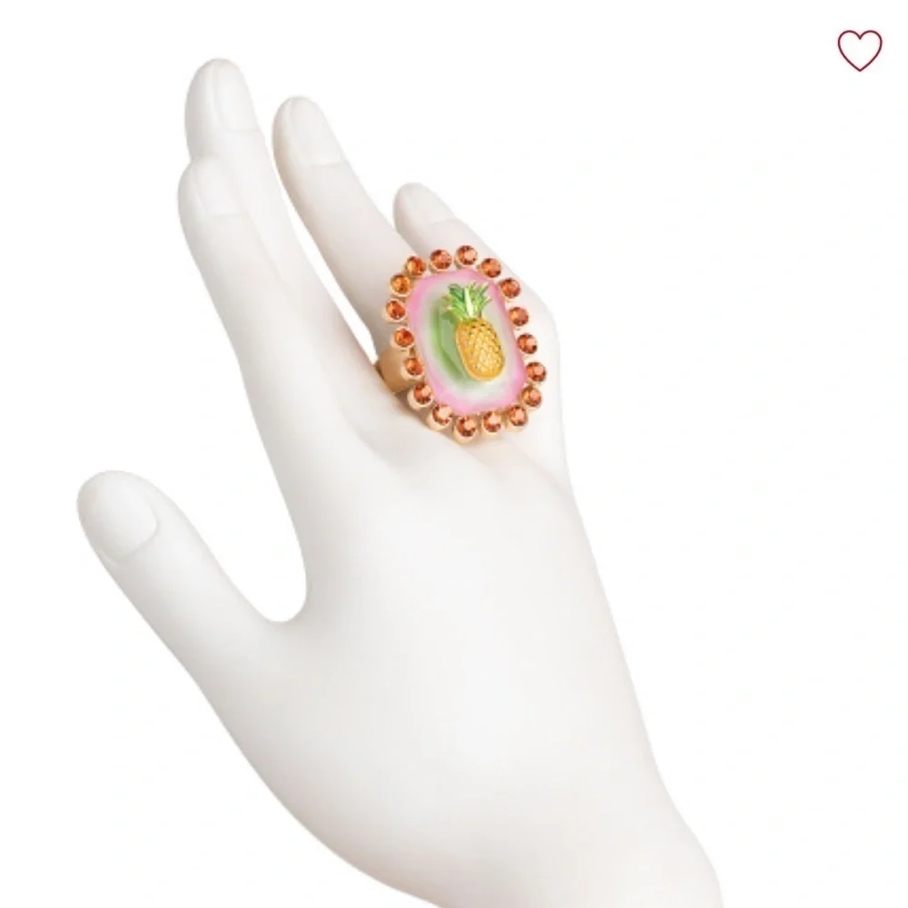 🍍BETSEY JOHNSON Backyard Pineapple Crystal Frame Cocktail Stretch Ring🍍NWT